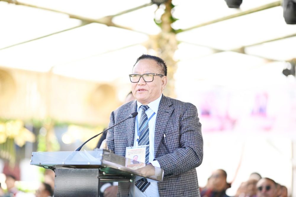 Deputy Chief Minister TR Zeliang addressing the Ahuna festival cum commemoration of 50 years of Zunheboto district on November 14 in Zunheboto.